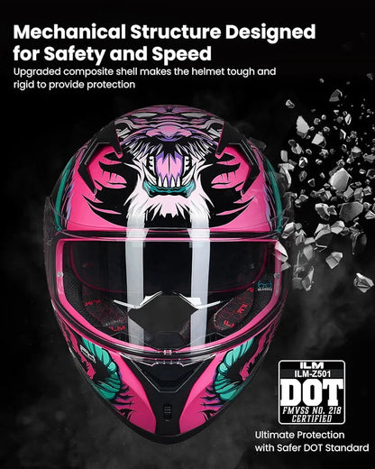 Motorcycle Helmet Full Face with Pinlock Compatible Clear&Tinted Visors and Fins Street Bike Motocross Casco DOT Model Z501(Legend Green, X-Large)